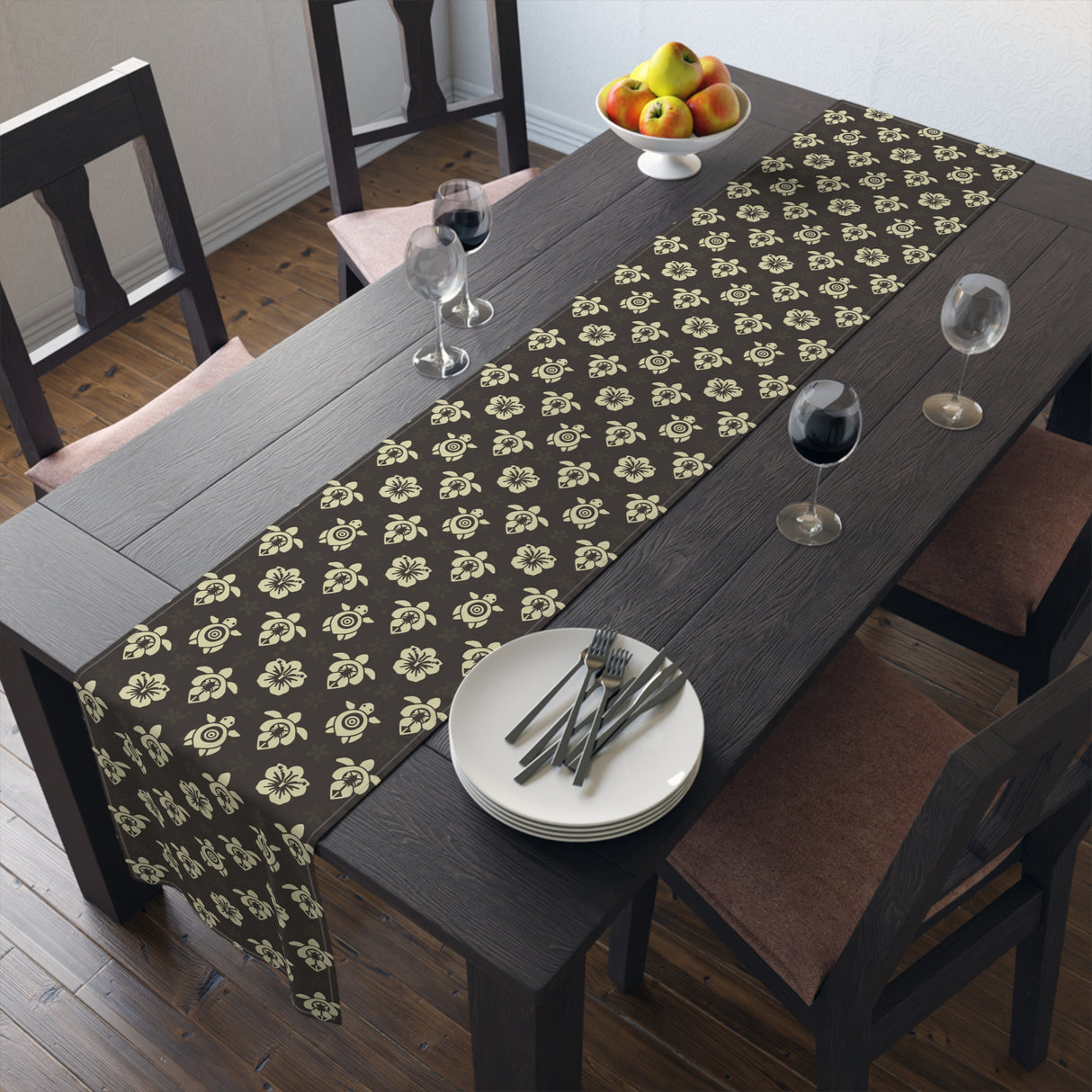 Dark Brown Sea Turtle and Floral Print Table Runner