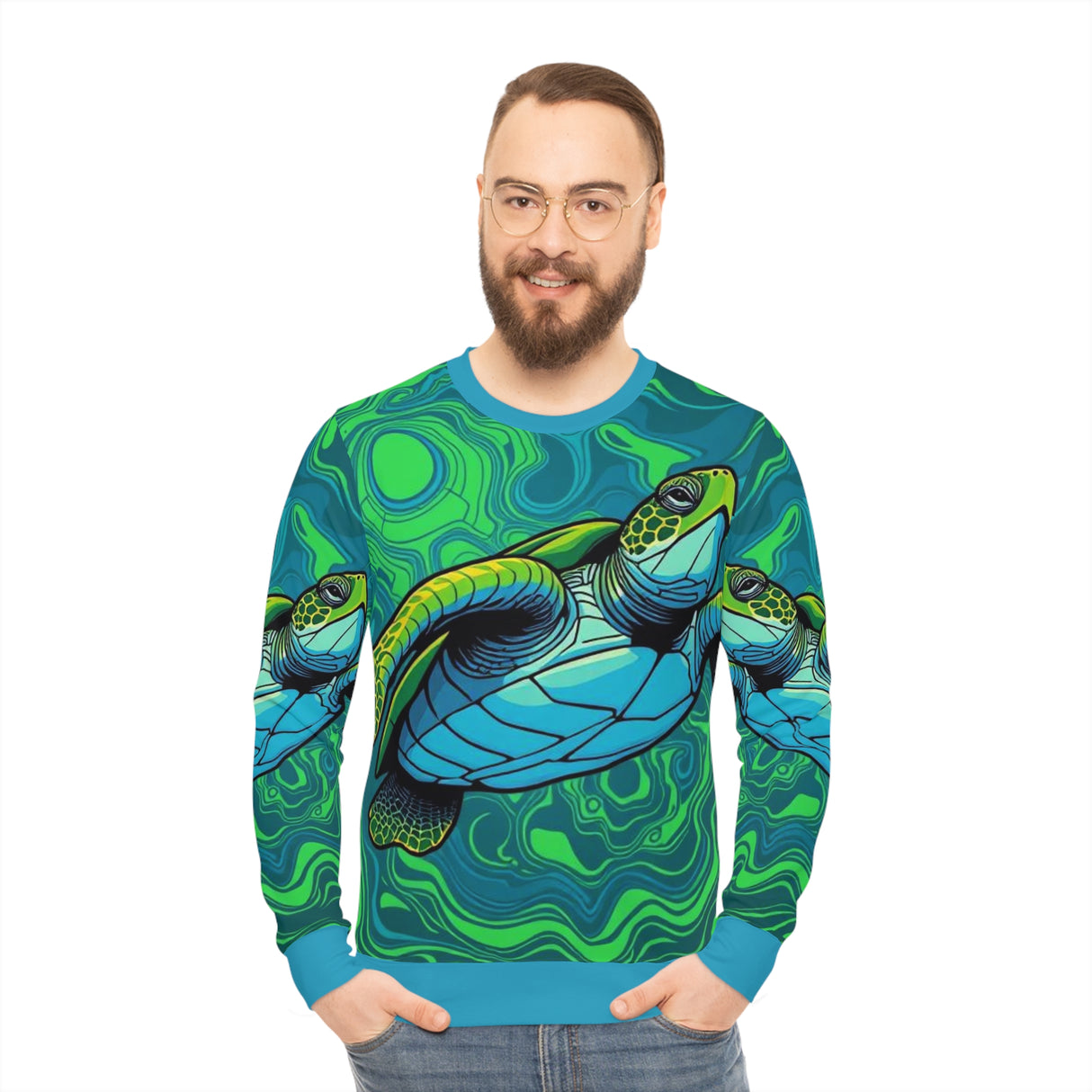 Bold Green and Blue Sea Turtle All-Over Print Sweatshirt