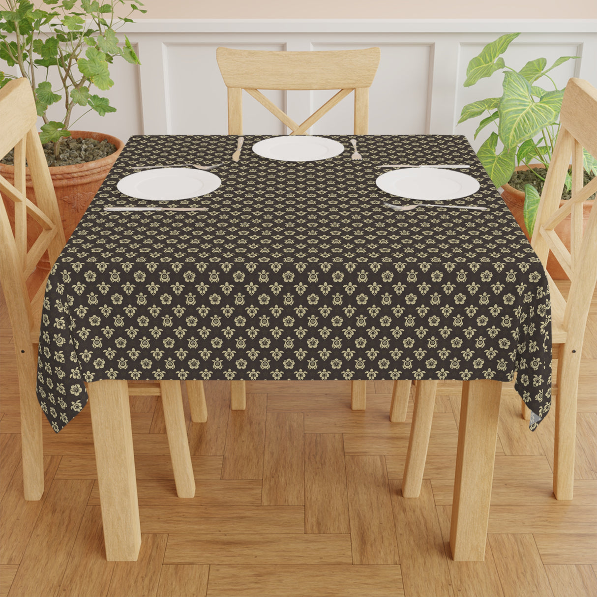Dark Brown Sea Turtle and Floral Print Tablecloth