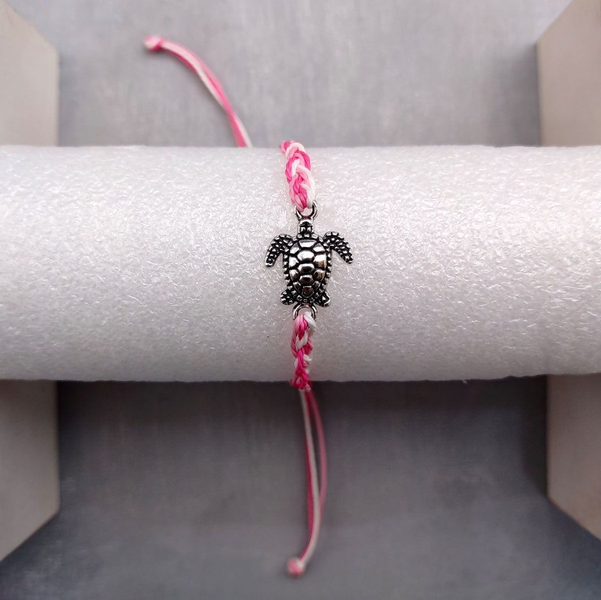 Sea Turtle Bracelet Braided Cord Magenta Pink White (approx. 5-7+ inches AROUND) Rose Blush White Knit String Sea Turtle Bracelet to gift!