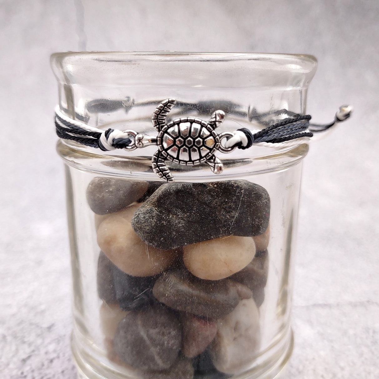 Sea Turtle Charm Bracelet Black Grey White Cord (approx. 5-7+ inches AROUND) Black Grey Sea Turtle String Bracelet Jewelry for gifting!