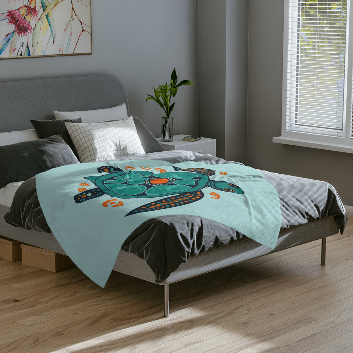 Blue Sea Turtle-Themed Boho Velveteen Microfiber Blanket - 3 Sizes