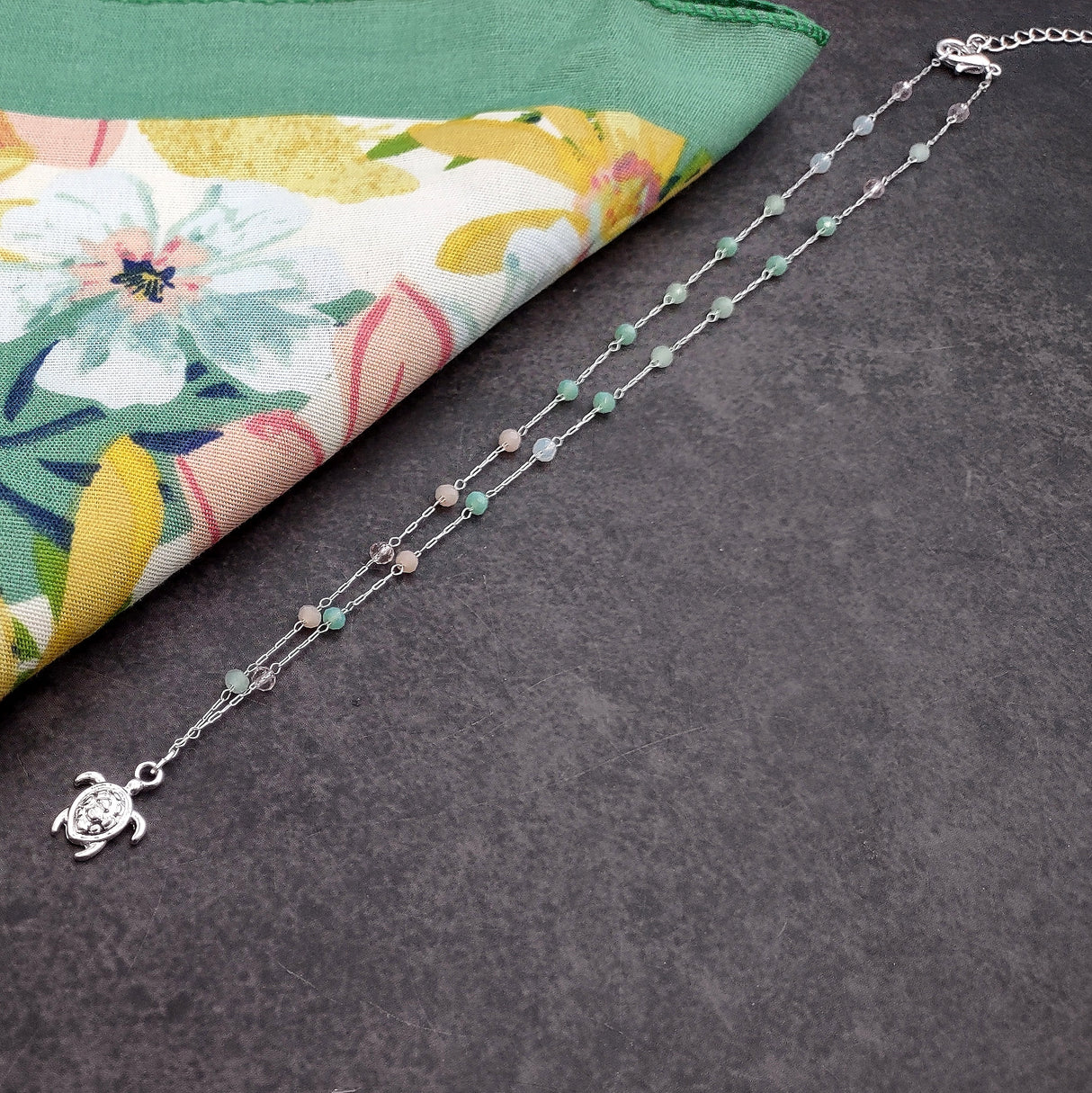 Sea Turtle Charm Necklace Delicate Green Peach White Beads (approx. 14+ inches AROUND) Silver Sea Turtle Necklace great for gifting!