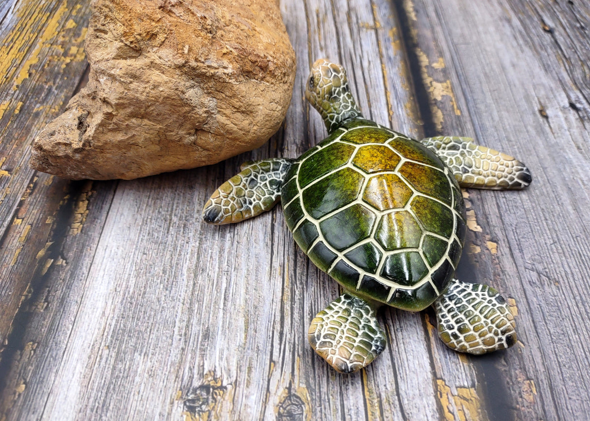 Green Sea Turtle Figurine Painted Resin (1 turtle approx. 5+ inches long) Green Painted Resin Sea Turtle Figure for coastal home decor!