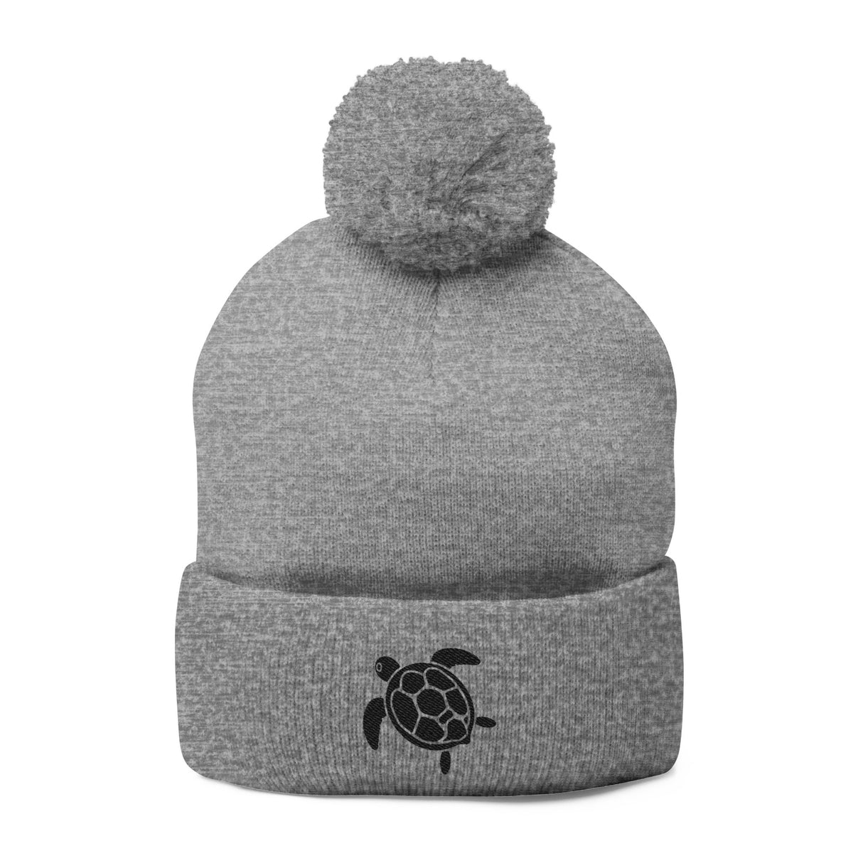 Cozy Pom-Pom Knit Cap with Black Sea Turtle Embroidery - 5 colors