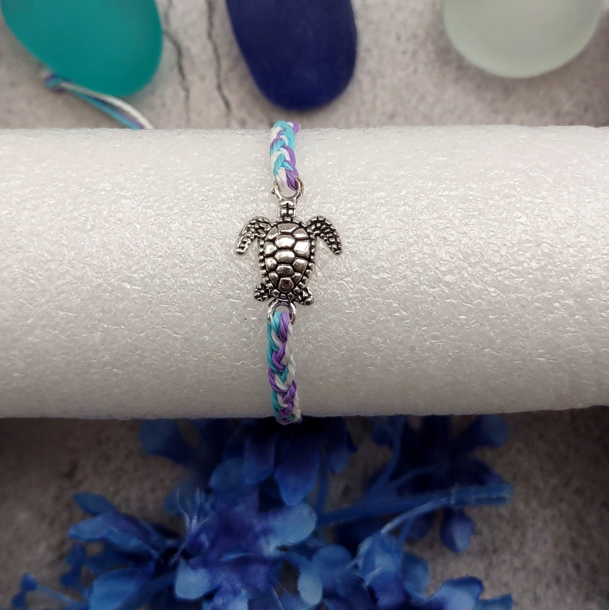 Sea Turtle Bracelet Braided Cord Light Blue Purple White (approx. 5-7+ inches AROUND) Blue Purple String Sea Turtle Bracelet to gift!