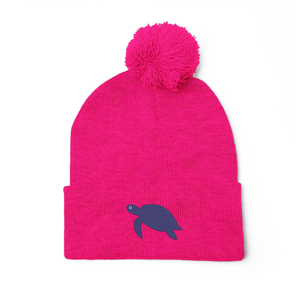 Cozy Pom-Pom Knit Cap with Purple Sea Turtle Embroidery - 4 colors available