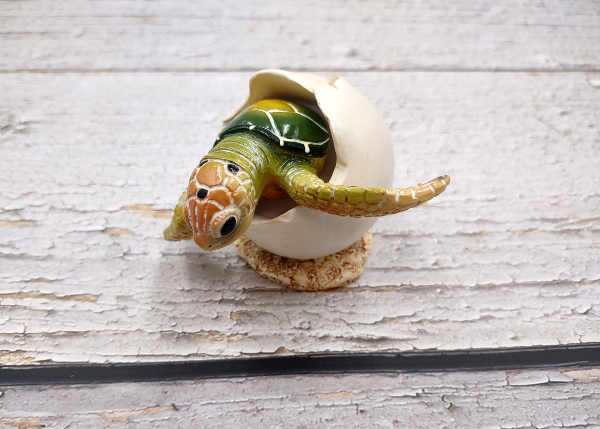 Green Baby Sea Turtle Hatching Figure (1 turtle approx. 3+ inches) Green Painted Resin Baby Turtle Egg Figure for coastal home décor!