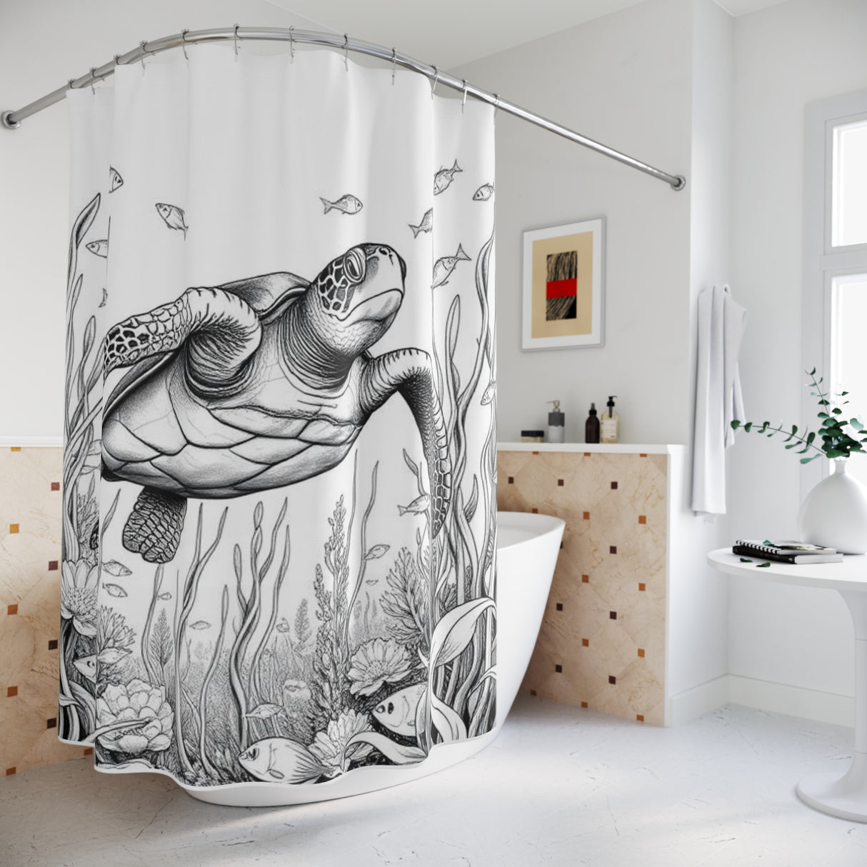 Black and White Sketch Style Sea Turtle Shower Curtains - Coastal Bathroom Decor
