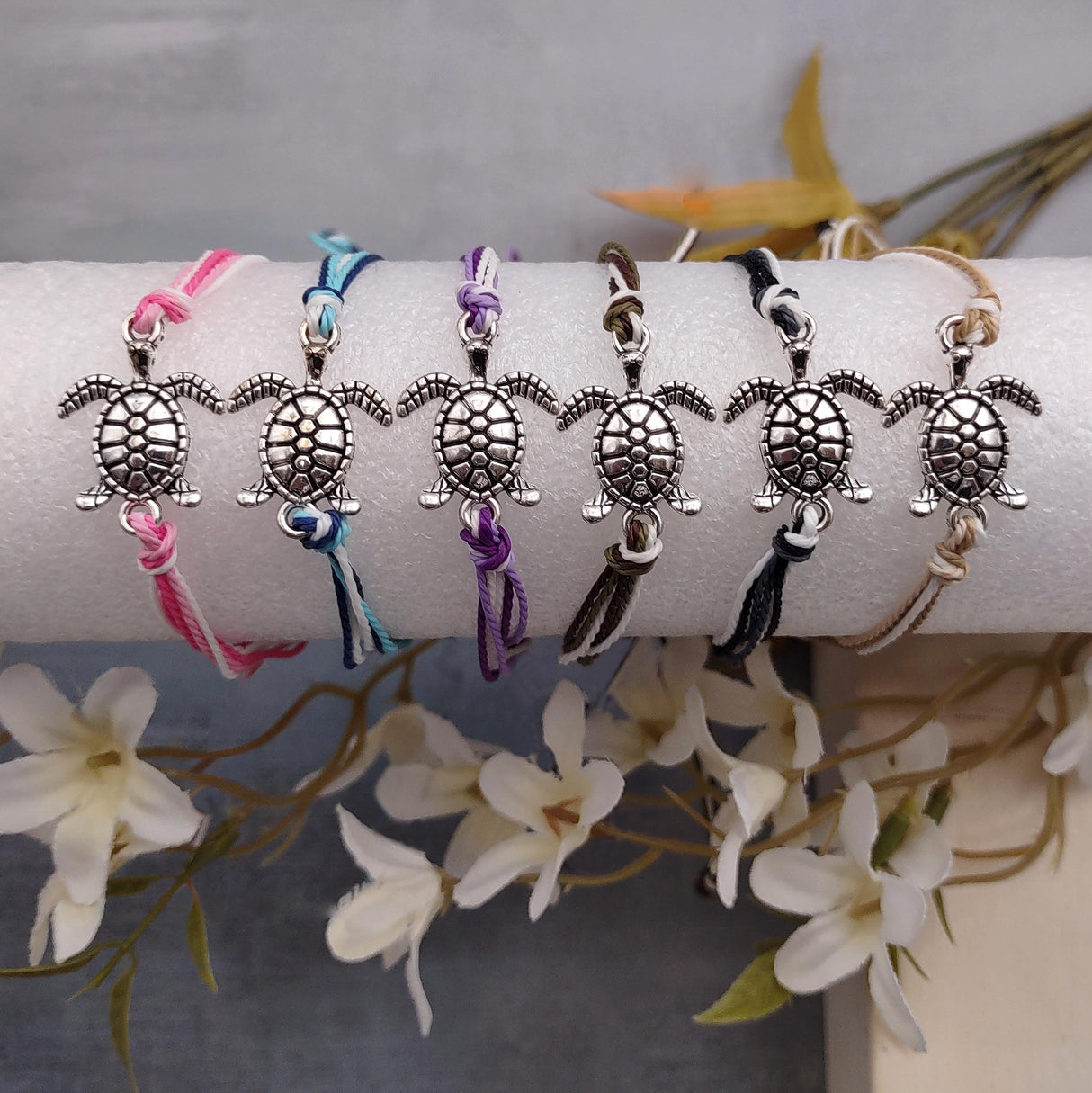 Sea Turtle Charm Bracelet Black Grey White Cord (approx. 5-7+ inches AROUND) Black Grey Sea Turtle String Bracelet Jewelry for gifting!