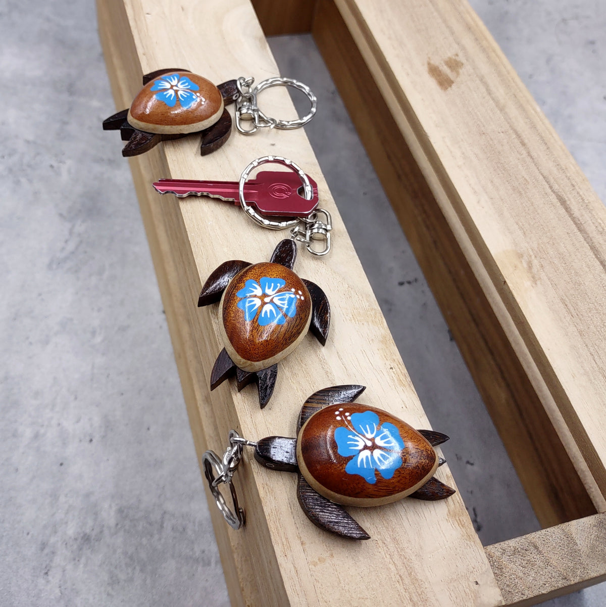 Blue Hibiscus Painted Wooden Sea Turtle Keychain (1 keychain approx. 4.25+ inches) Wooden Sea Turtle Key Fob for gifting or party favors!