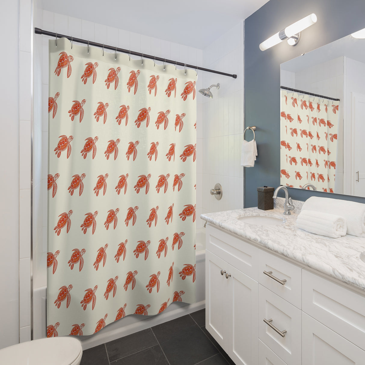 Orange and Red Tribal Sea Turtle Shower Curtains - Coastal Bathroom Decor