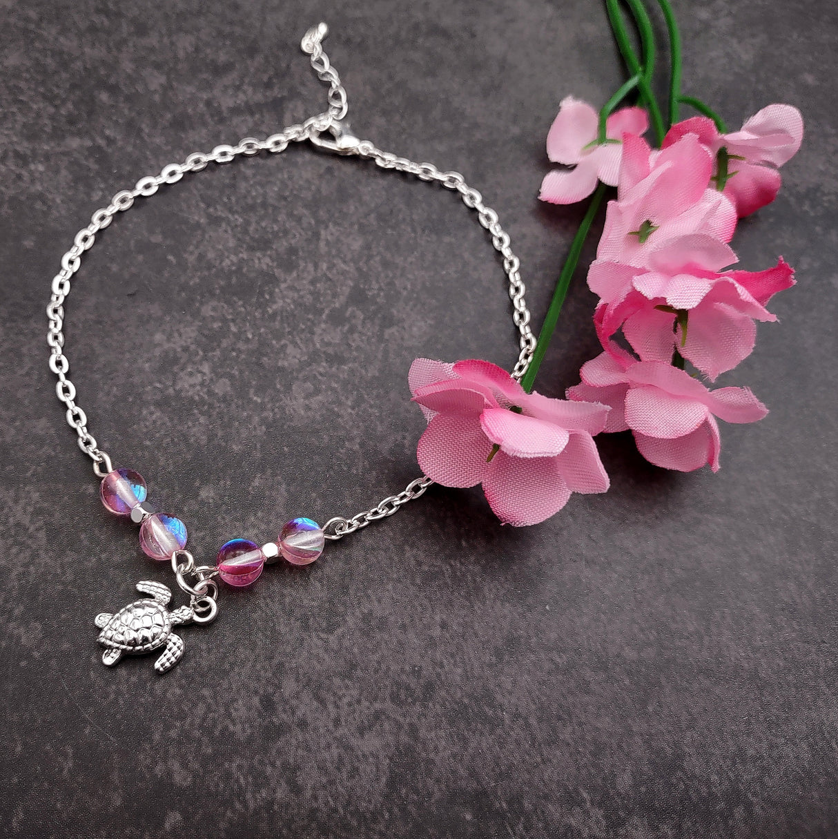 Sea Turtle Anklet Light Pink Beads Silver Color (approx. 9+ inches AROUND) Cute Pink Sea Turtle Charm Anklet for any beachy outfit!