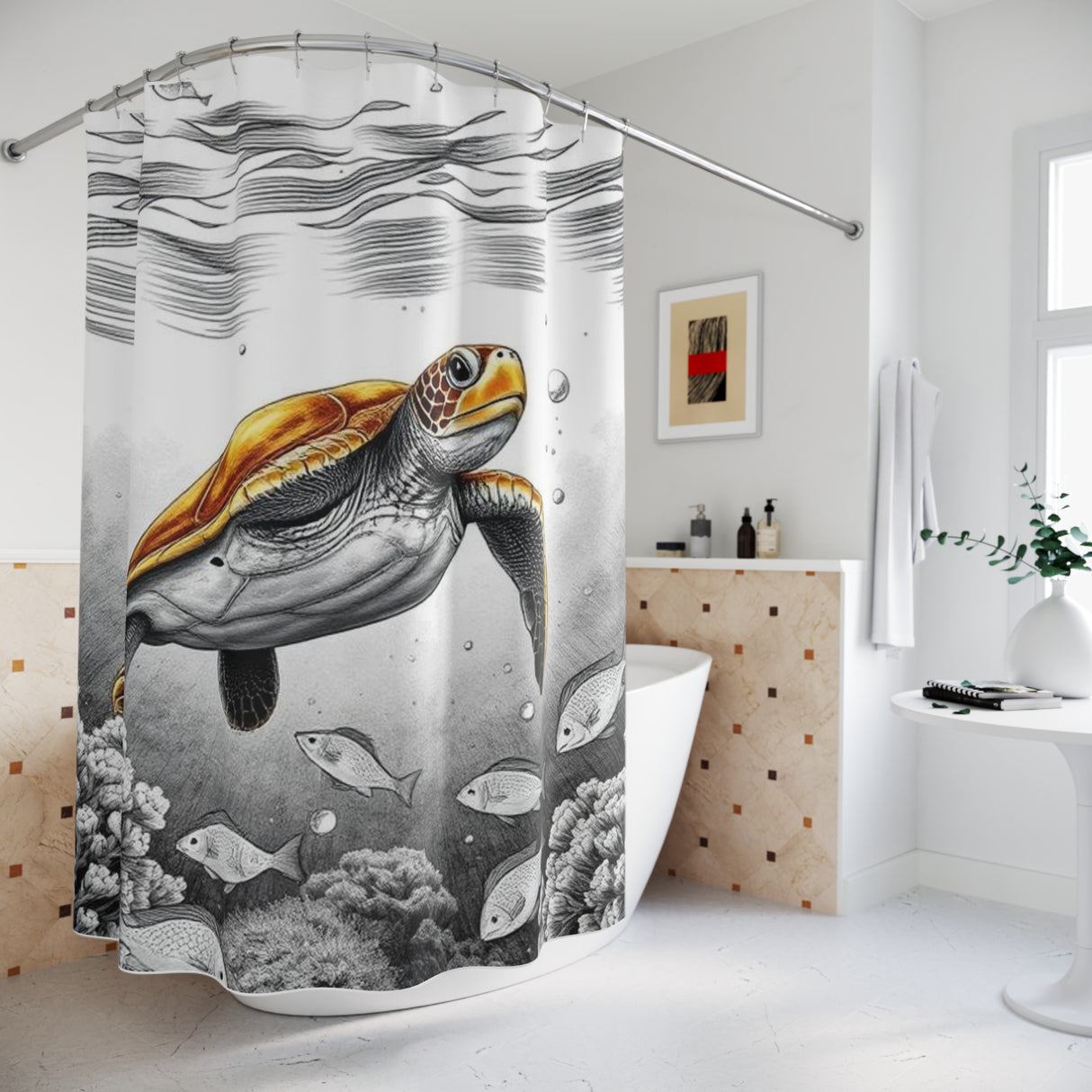 Brown Black n White Sea Turtle Shower Curtains - Coastal Bathroom Decor