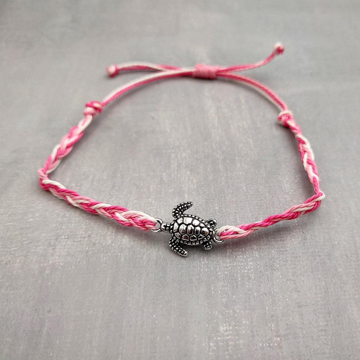 Sea Turtle Bracelet Braided Cord Magenta Pink White (approx. 5-7+ inches AROUND) Rose Blush White Knit String Sea Turtle Bracelet to gift!