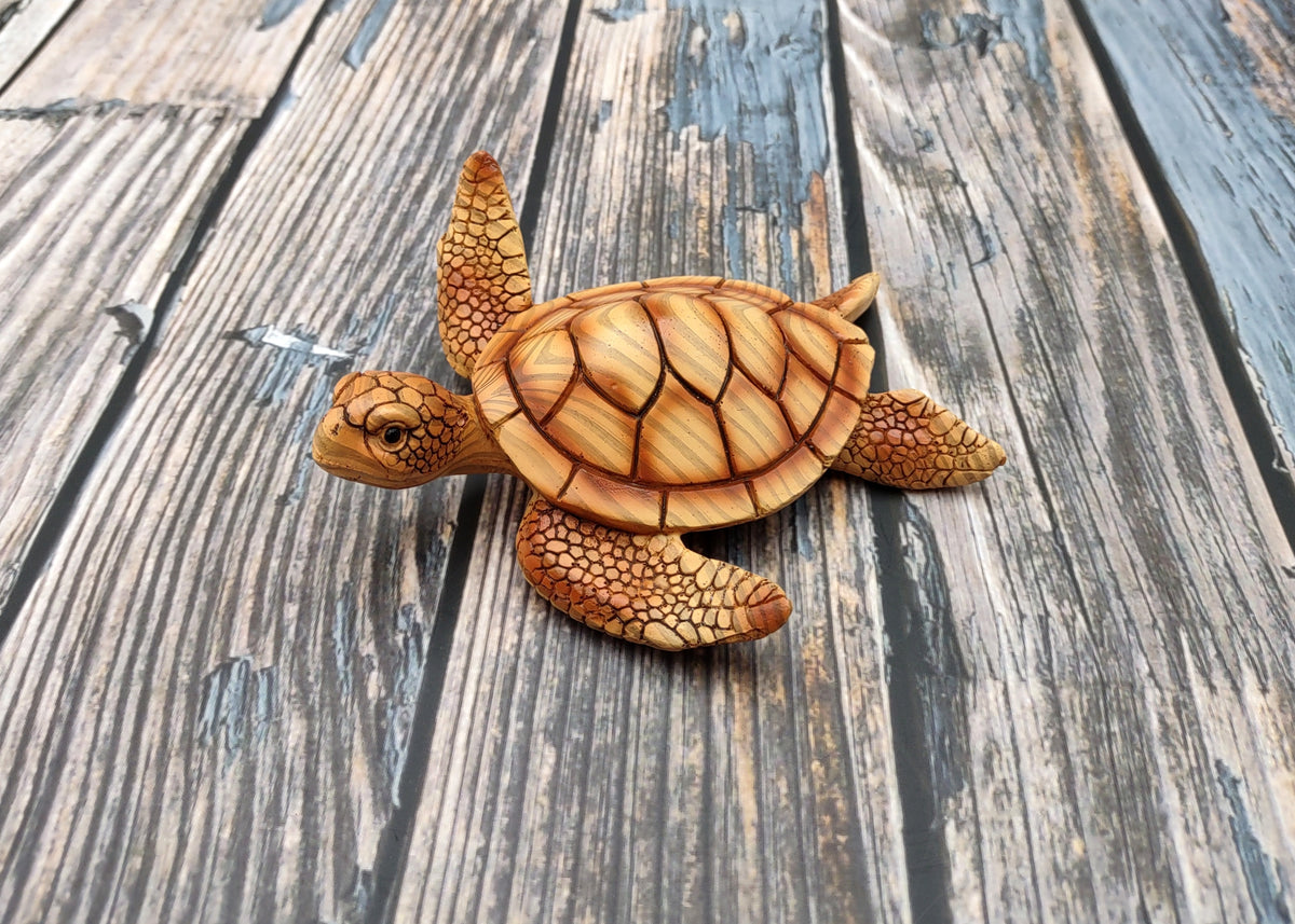 Sea Turtle Figurine Brown Wood Style (1 turtle approx. 5+ inches) Resin Sea Turtle Figure for coastal beach home display & decoration!