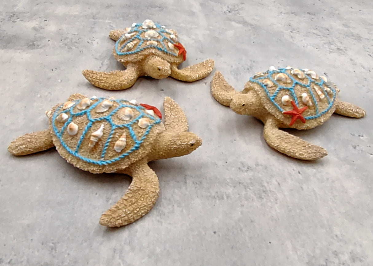 Sandy Sea Turtle Figure With Seashells Net Starfish (1 turtle approx. 5+ inches) Sand Texture Resin Cast Sea Turtle Figure for home decor!