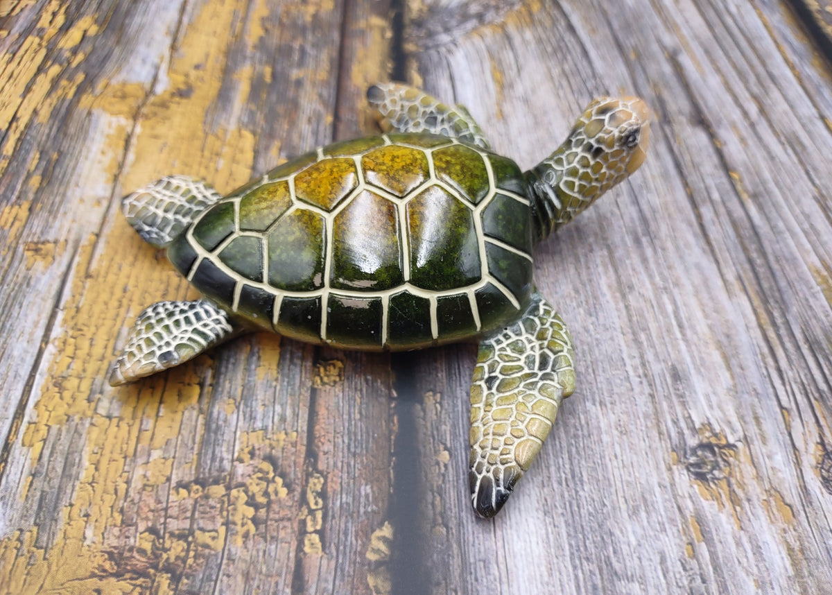 Green Sea Turtle Figurine Painted Resin (1 turtle approx. 5+ inches long) Green Painted Resin Sea Turtle Figure for coastal home decor!