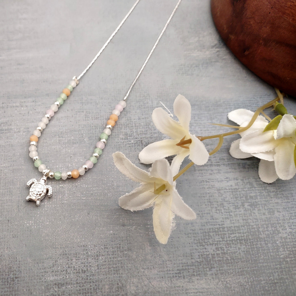 Sea Turtle Charm Necklace Orange Green Blue Beads Silver Color (approx. 14+ inches AROUND) Sea Turtle Necklace Jewelry for seaside wear!