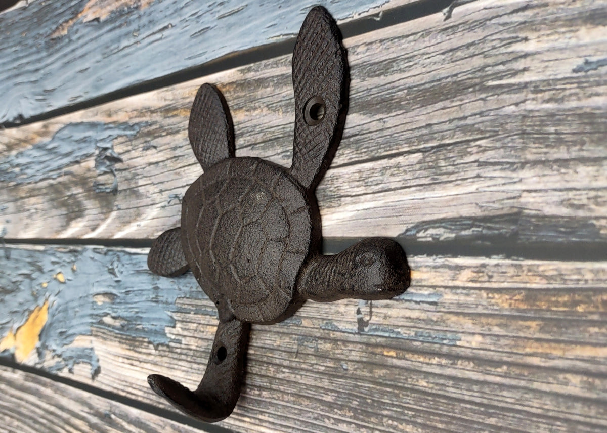 Dark Rust Cast Iron Sea Turtle Wall Hook (1 cast iron hook approx. 6+ inches) Dark Patina Sea Turtle Wall Hanger for coastal home decor!