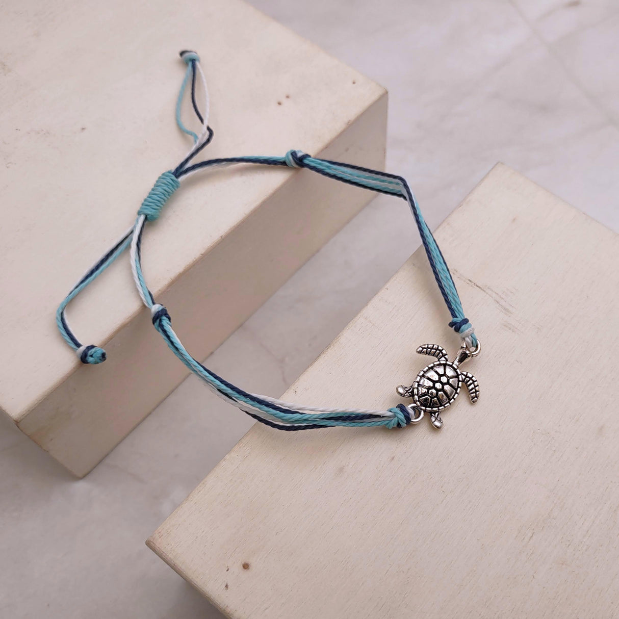 Sea Turtle Charm Bracelet Dark and Light Blue White Cord (approx. 5-7+ inches AROUND) Navy and Baby Blue Sea Turtle String Bracelet to gift!