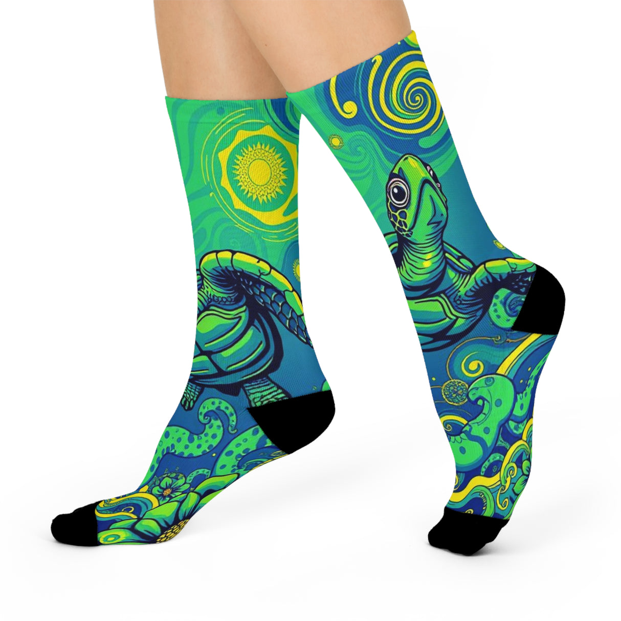 Trippy Green Sea Turtle Cushioned Crew Socks