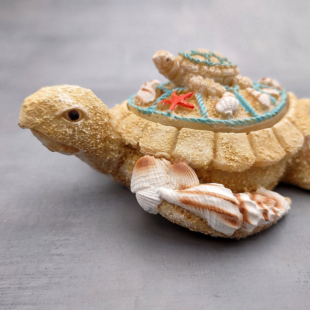 Sandy Sea Turtle With Baby Trinket Box (1 ring box approx. 4+ inches) Sandy Shell Resin Sea Turtle Keepsake Box for coastal home décor!
