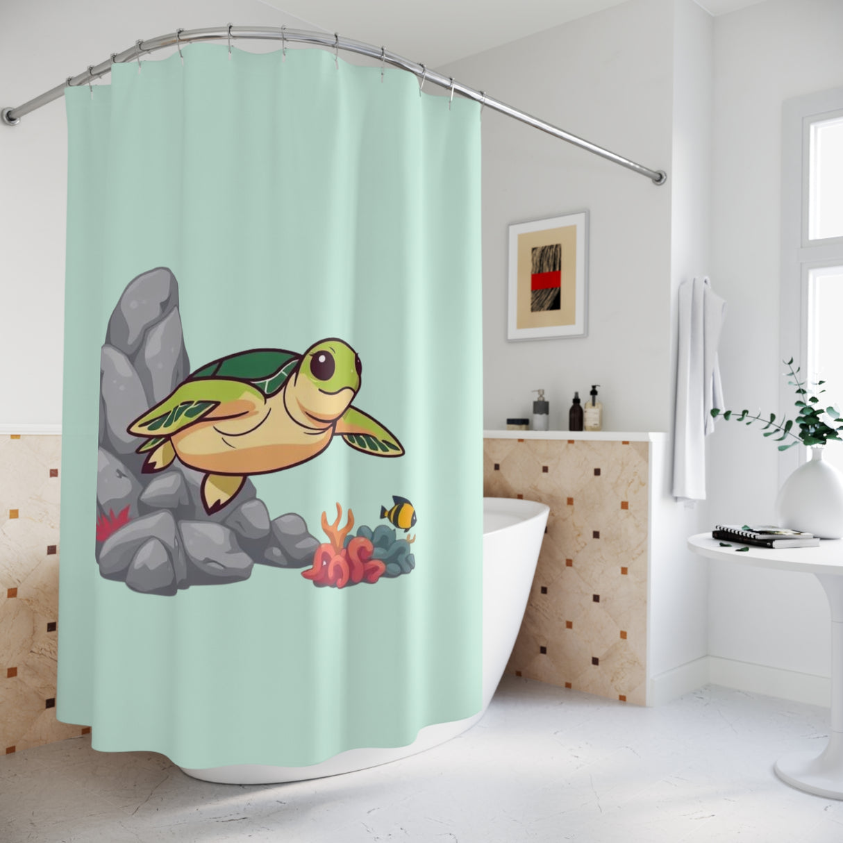 Cartoon Green Sea Turtle Shower Curtains - Coastal Bathroom Decor