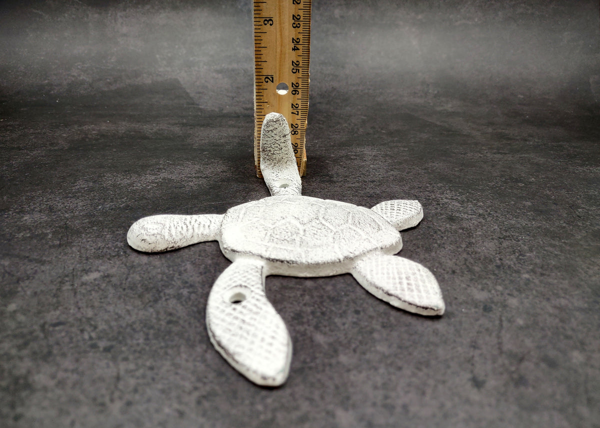 Cast Iron Antique White Sea Turtle Wall Hook (1 cast iron hook approx. 6+ inches) Functional Sea Turtle Wall Hanger for coastal home decor!