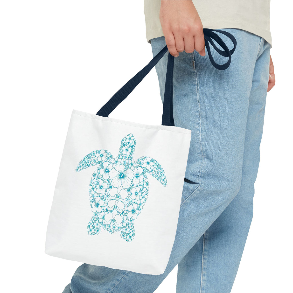 White and Teal Tropical Flower Sea Turtle Tote Bag - 3 sizes