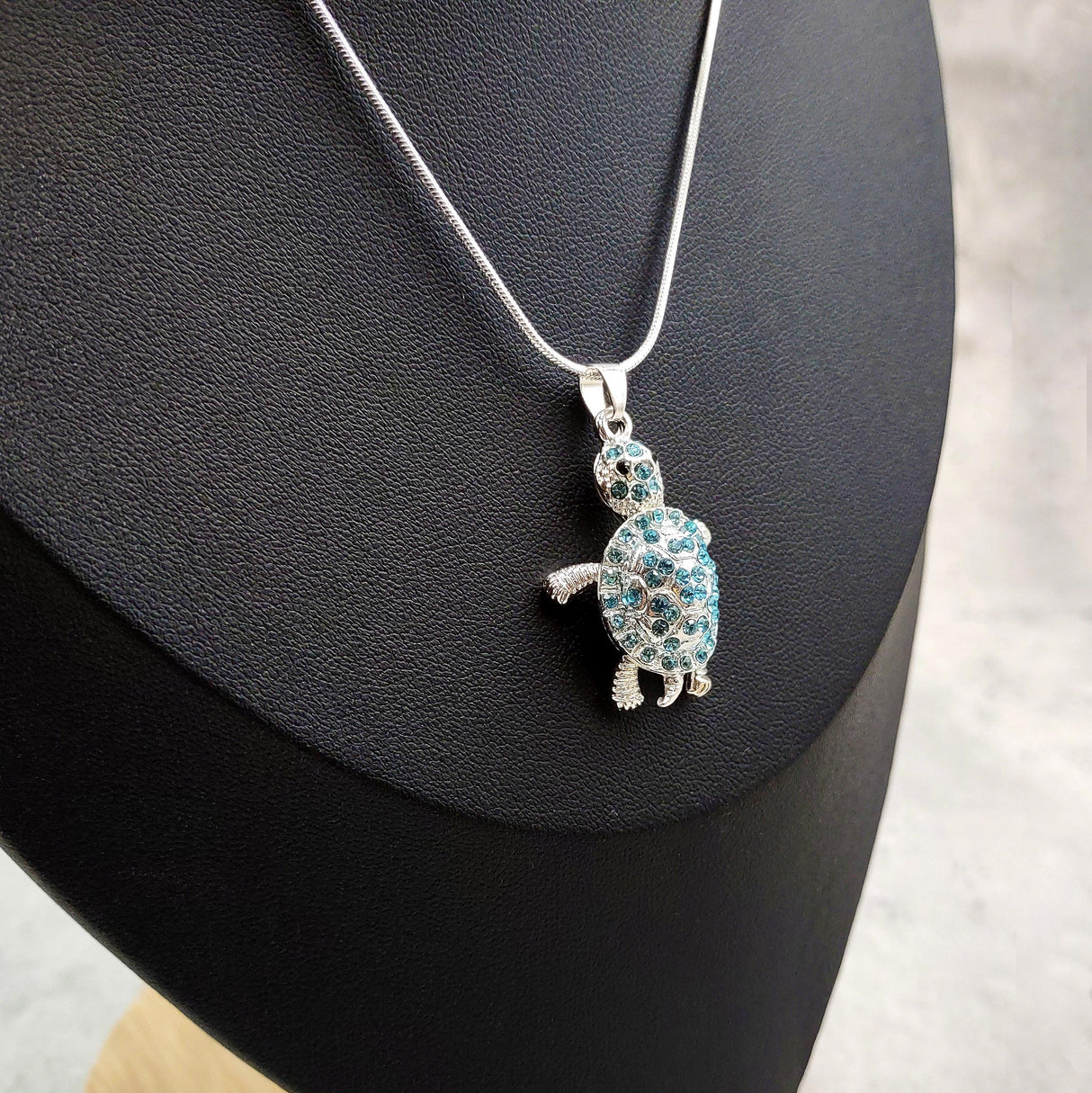 Aqua Rhinestone Sea Turtle Pendant Necklace (approx. 16+ inches AROUND) Teal Sea Turtle Jewelry a gift for ocean & sea turtle enthusiast!