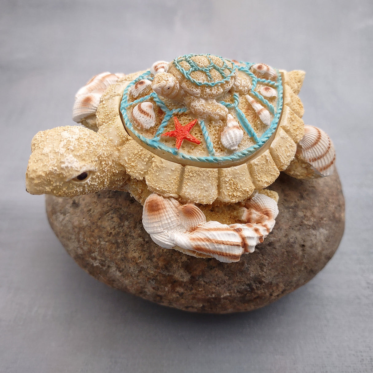 Sandy Sea Turtle With Baby Trinket Box (1 ring box approx. 4+ inches) Sandy Shell Resin Sea Turtle Keepsake Box for coastal home décor!