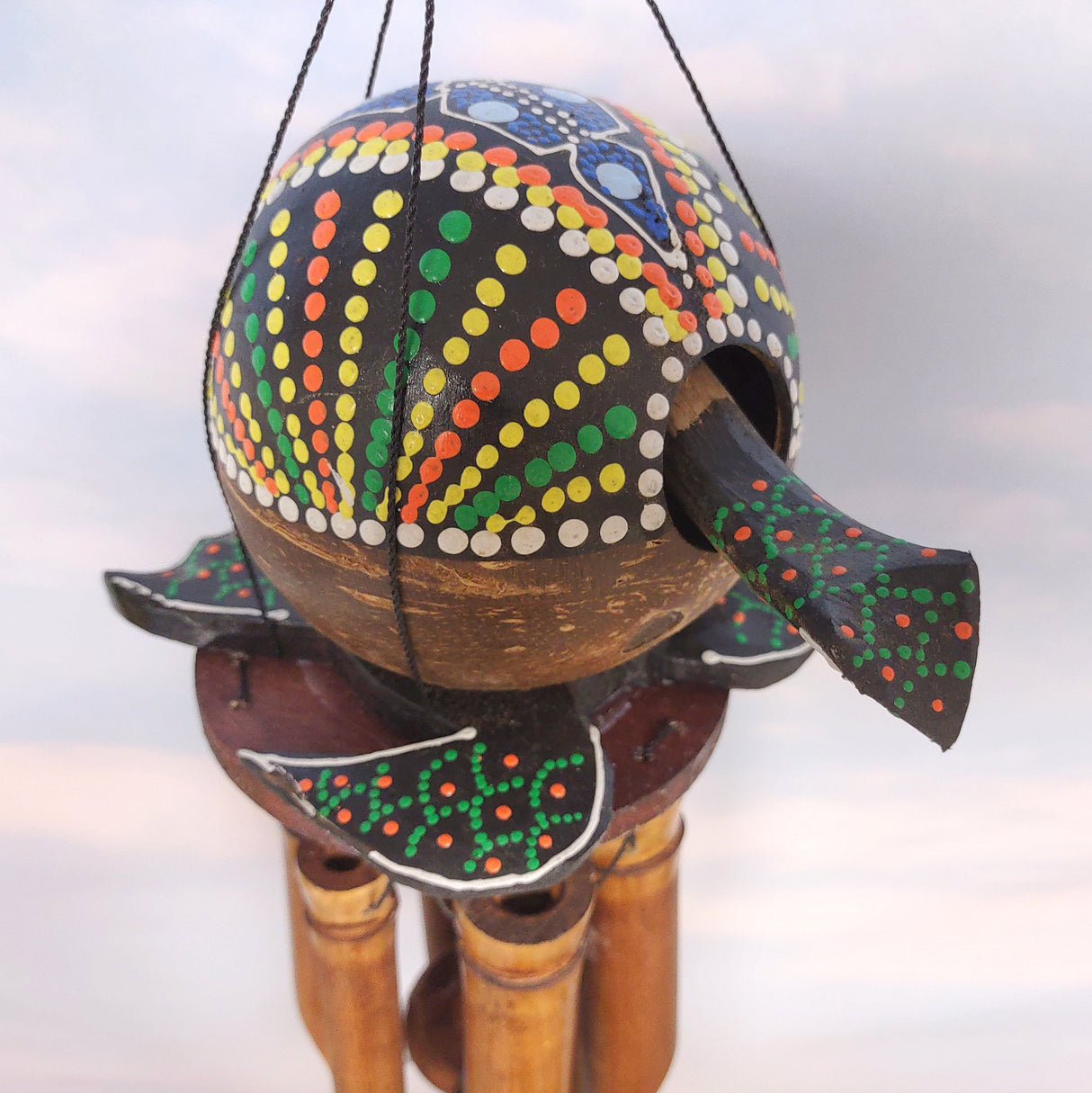 Painted Coconut Sea Turtle Bamboo Wind Chime Green Orange Dots (1 windchime approx. 38 x 6.5 inches) Hanging Turtle Chime for beachy home!