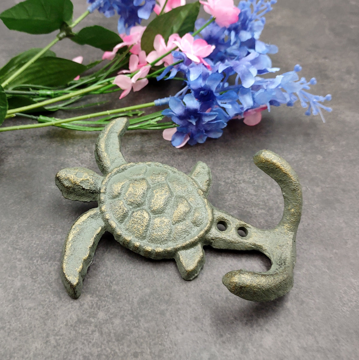 Cast Iron Sea Turtle Wall Hooks Green Gold Patina (1 metal hook approx. 4.75+ inches) Green Sea Turtle Double Wall Hook for coastal decor!