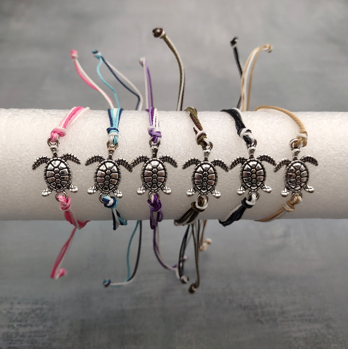 Sea Turtle Charm Bracelet Dark and Light Blue White Cord (approx. 5-7+ inches AROUND) Navy and Baby Blue Sea Turtle String Bracelet to gift!