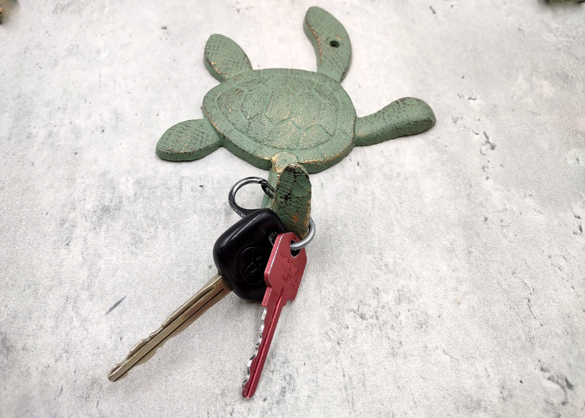 Cast Iron Green Patina Sea Turtle Wall Hook (1 cast iron hook approx. 6+ inches) Verdigris Sea Turtle Wall Hanger for coastal home decor!