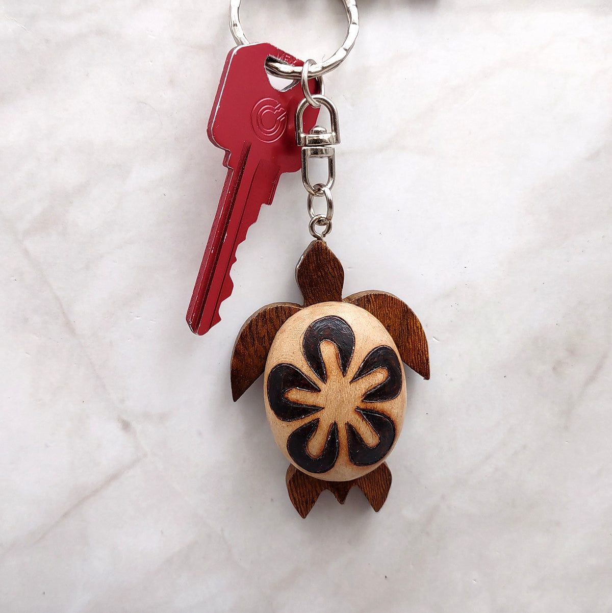Natural Wood Plumeria Sea Turtle Keychain (1 key chain approx. 4+ inches) Wooden Pattern Sea Turtle Key Fob for gifting or decorative charm!
