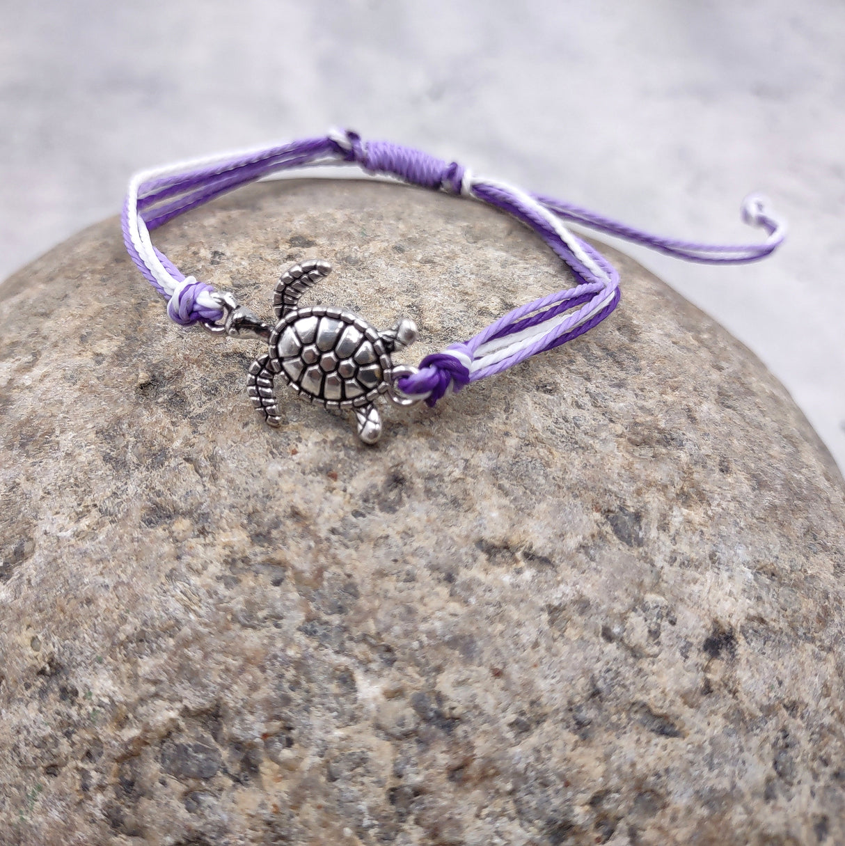 Sea Turtle Charm Bracelet Lavender Purple White Cord (approx. 5-7+ inches AROUND) Purple Sea Turtle String Bracelet Jewelry for gifting!