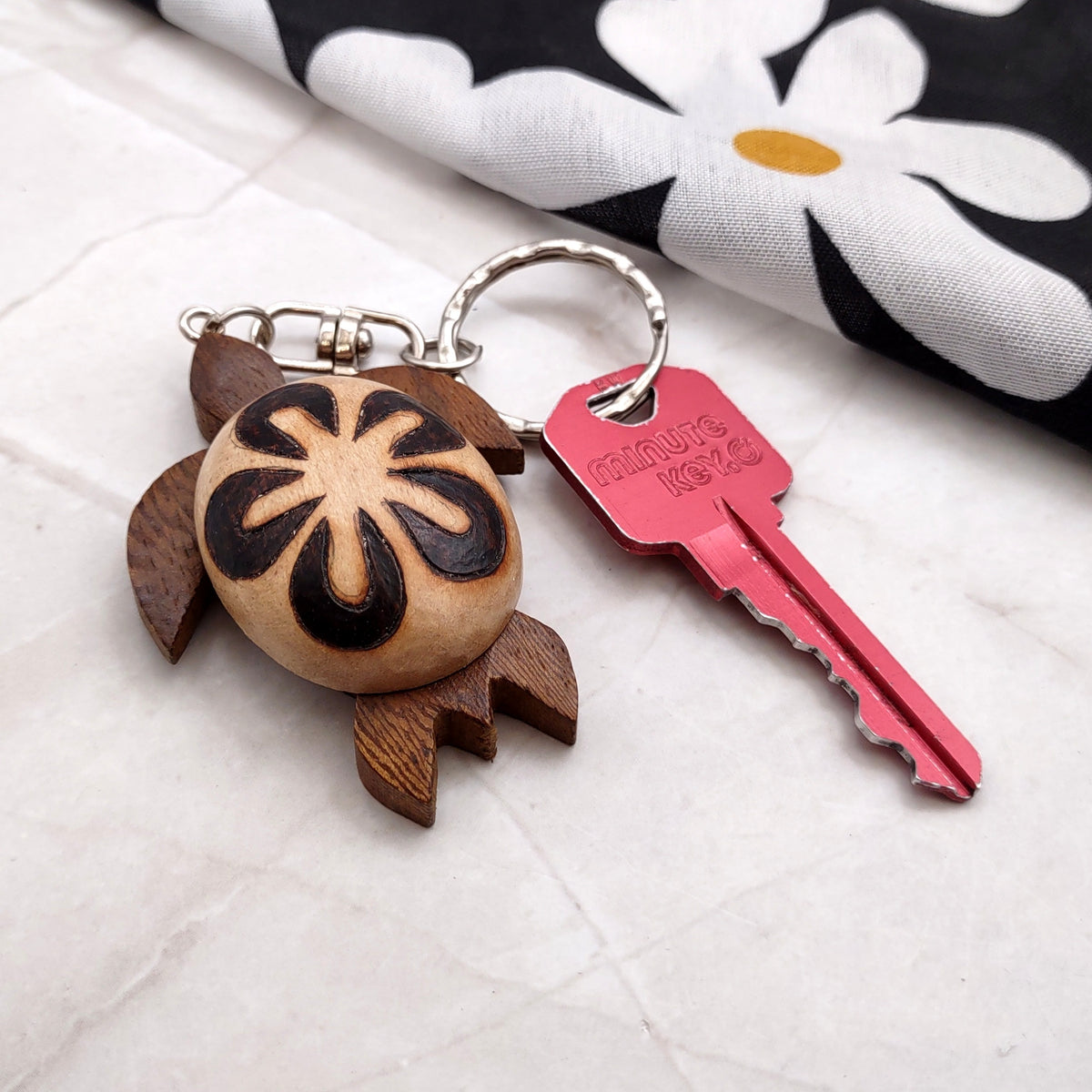 Natural Wood Plumeria Sea Turtle Keychain (1 key chain approx. 4+ inches) Wooden Pattern Sea Turtle Key Fob for gifting or decorative charm!