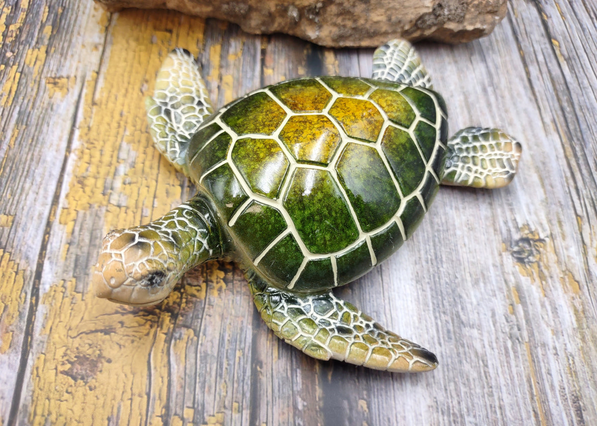 Green Sea Turtle Figurine Painted Resin (1 turtle approx. 5+ inches long) Green Painted Resin Sea Turtle Figure for coastal home decor!