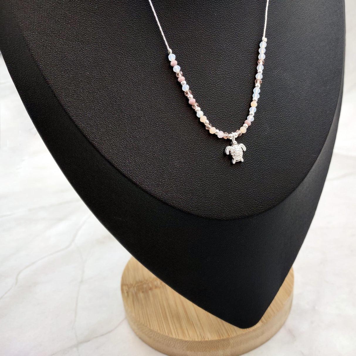Sea Turtle Charm Necklace Pink Peach White Beads Silver Color (approx. 14+ inches AROUND) Sea Turtle Necklace Jewelry for seaside wear!