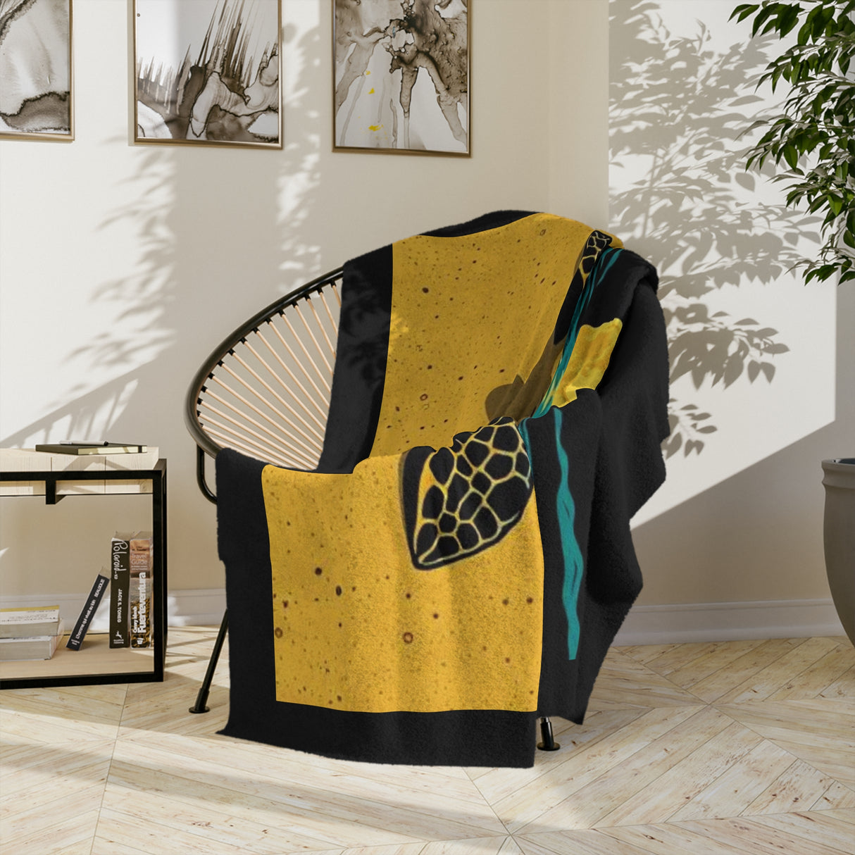 Black Gold Teal Sea Turtle-Themed Velveteen Microfiber Blanket - 3 Sizes