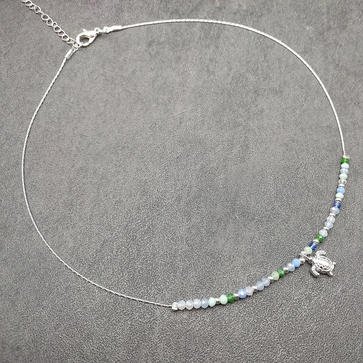 Sea Turtle Charm Necklace Blue Green White Beads Silver Color (approx. 14+ inches AROUND) Sea Turtle Necklace Jewelry for seaside wear!