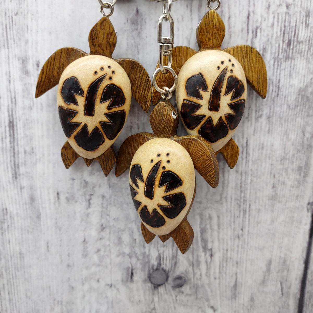 Natural Wood Hibiscus Sea Turtle Keychain (1 keychain approx. 4+ inches) Wooden Pattern Sea Turtle Key Fob for gifting or decorative charm!