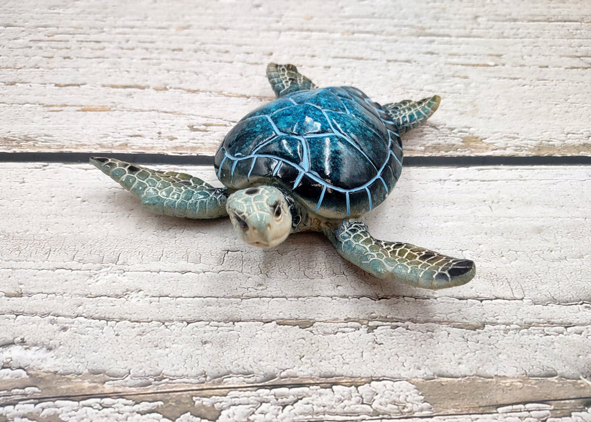 Blue Sea Turtle Figurine Painted Resin (1 turtle approx. 5.75+ inches long) Blue Painted Resin Sea Turtle Figure for coastal home decor!