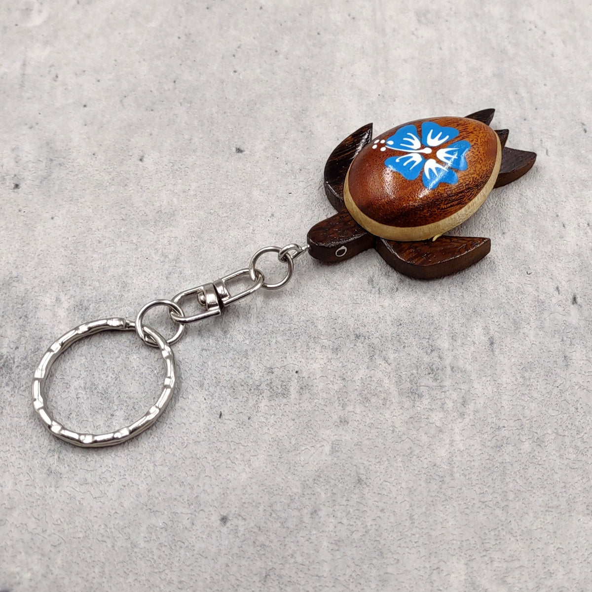 Blue Hibiscus Painted Wooden Sea Turtle Keychain (1 keychain approx. 4.25+ inches) Wooden Sea Turtle Key Fob for gifting or party favors!
