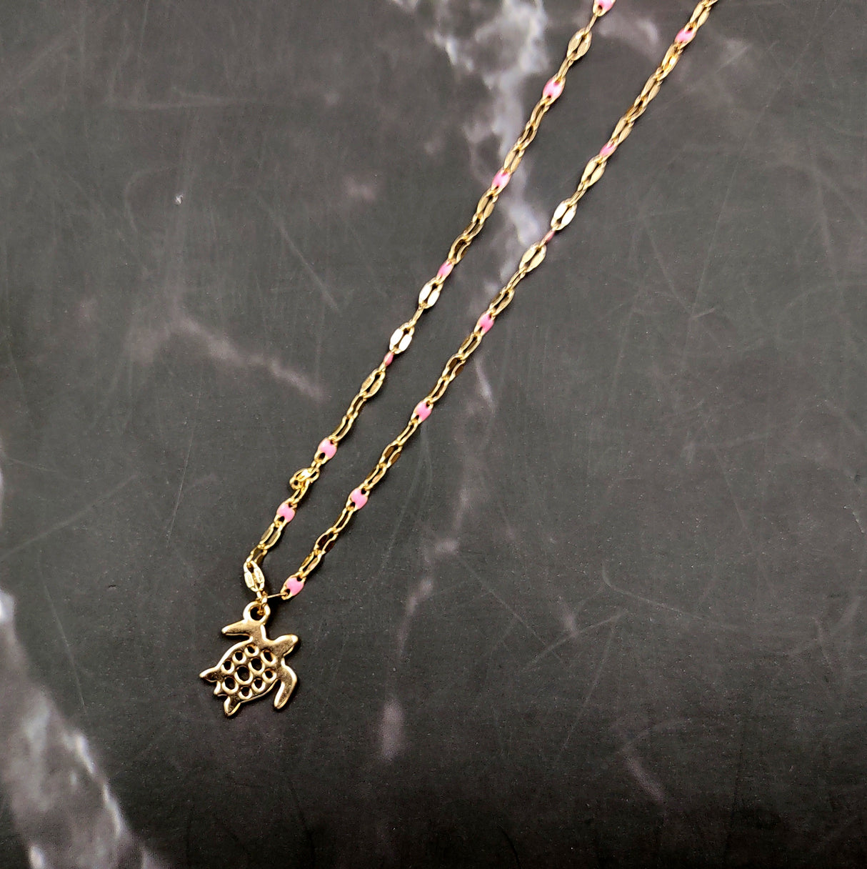 Sea Turtle Necklace Pink Gold Color (1 necklace approx. 16+ inches AROUND) Elegant Gold Tone Pink Sea Turtle charm necklace for gifting!