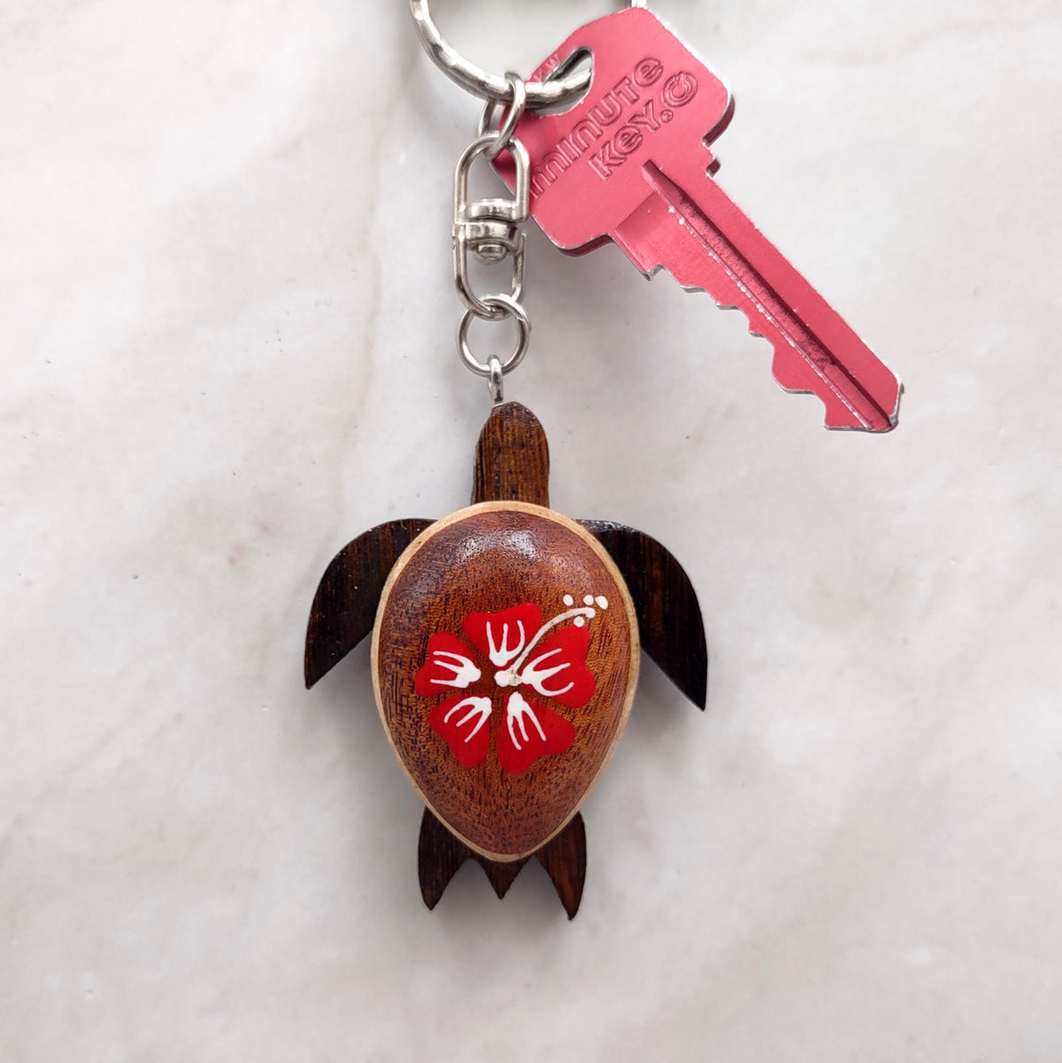 Red Hibiscus Painted Wooden Sea Turtle Keychain (1 keychain approx. 4.25+ inches) Wooden Sea Turtle Key Fob for gifting or party favors!