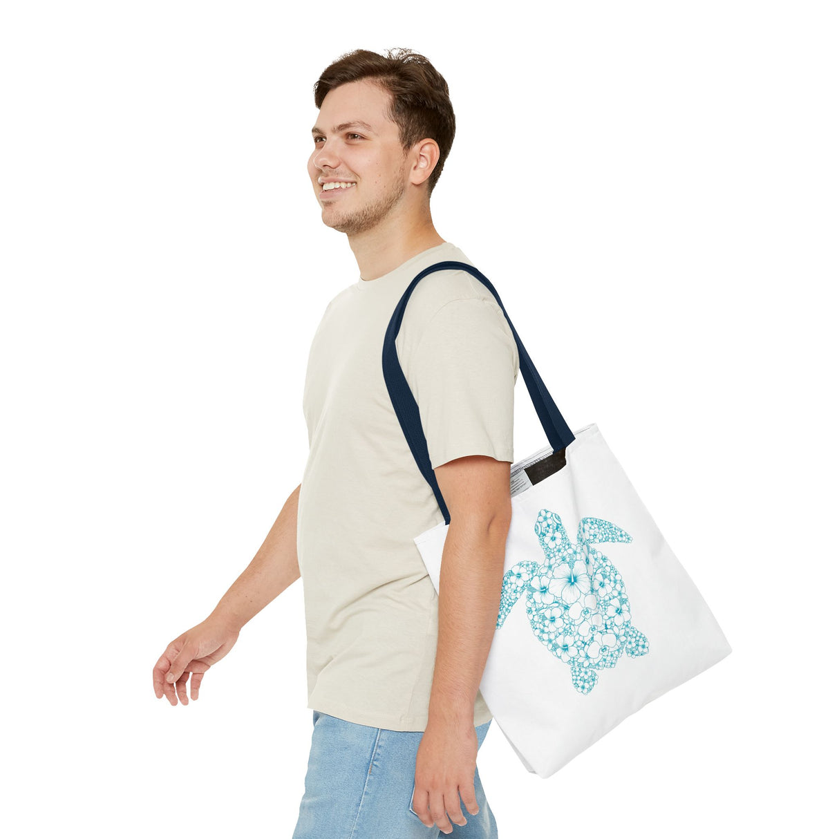 White and Teal Tropical Flower Sea Turtle Tote Bag - 3 sizes