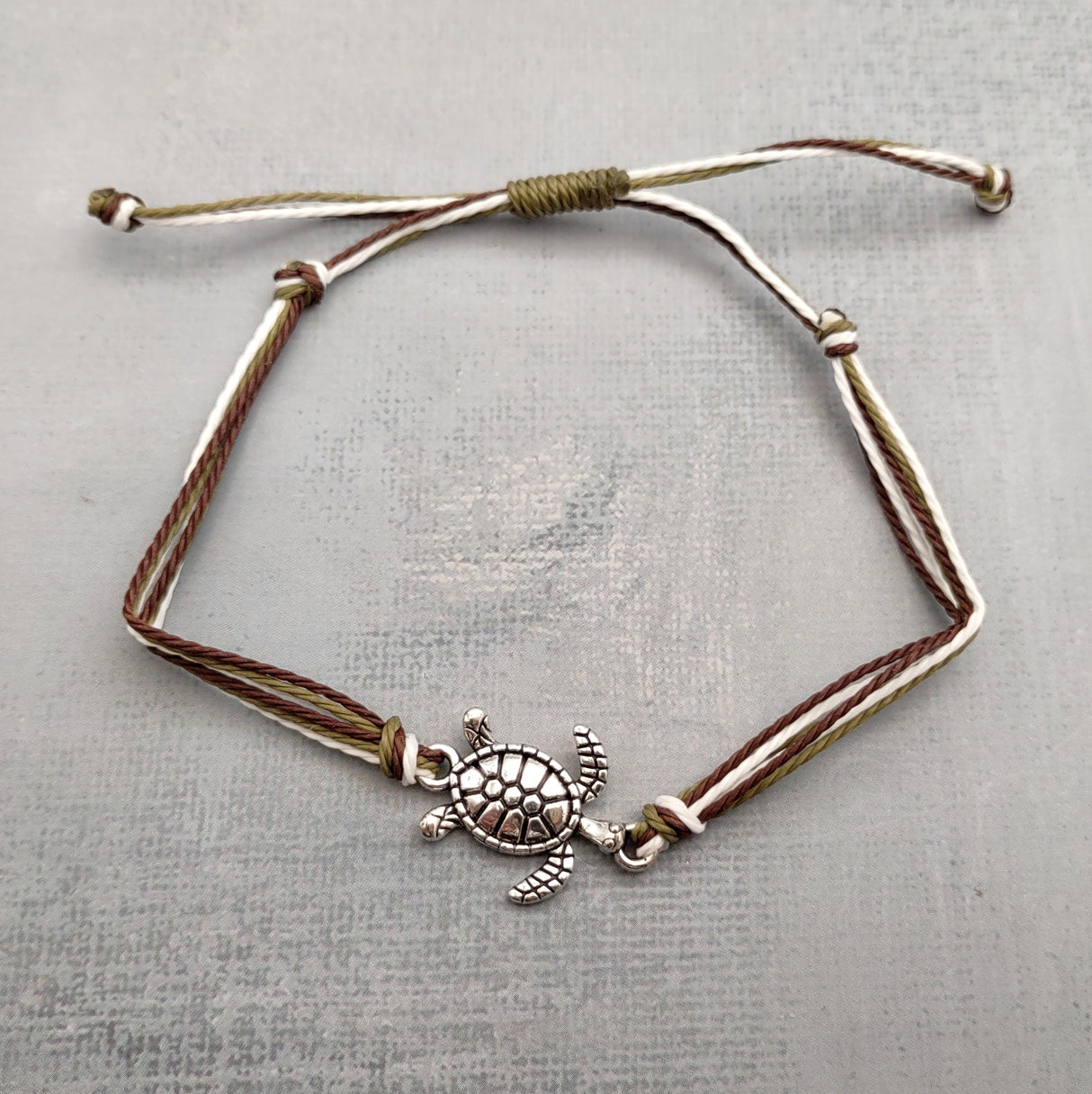 Sea Turtle Charm Bracelet Brown Green White Cord (approx. 5-7+ inches AROUND) Olive Green Brown Sea Turtle String Bracelet Jewelry to gift!